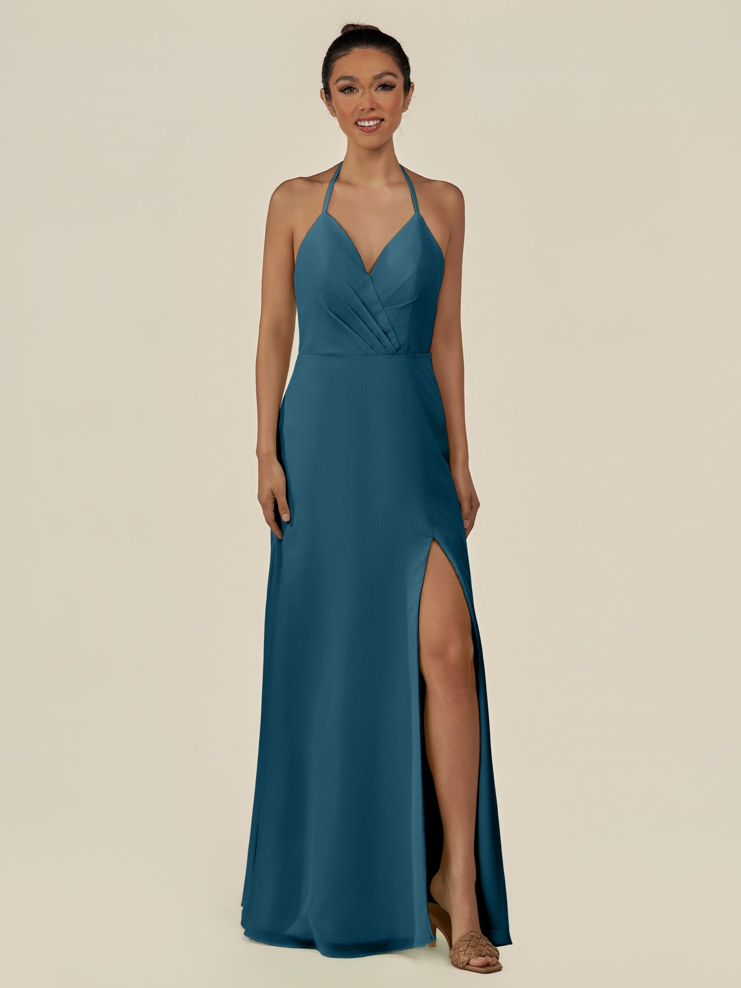 KissDress-Caris Dark Teal A Line Chiffon Halter Neck Pleated Long Bridesmaid Dress with Slit