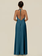 KissDress-Caris Dark Teal A Line Chiffon Halter Neck Pleated Long Bridesmaid Dress with Slit