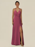 KissDress-Caris Desert Rose A Line Chiffon Halter Neck Pleated Long Bridesmaid Dress with Slit