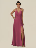 KissDress-Caris Desert Rose A Line Chiffon Halter Neck Pleated Long Bridesmaid Dress with Slit