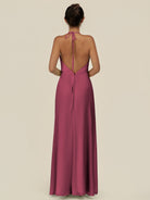 KissDress-Caris Desert Rose A Line Chiffon Halter Neck Pleated Long Bridesmaid Dress with Slit