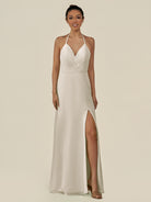 KissDress-Caris Dove Gray A Line Chiffon Halter Neck Pleated Long Bridesmaid Dress with Slit