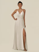 KissDress-Caris Dove Gray A Line Chiffon Halter Neck Pleated Long Bridesmaid Dress with Slit