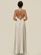 KissDress-Caris Dove Gray A Line Chiffon Halter Neck Pleated Long Bridesmaid Dress with Slit