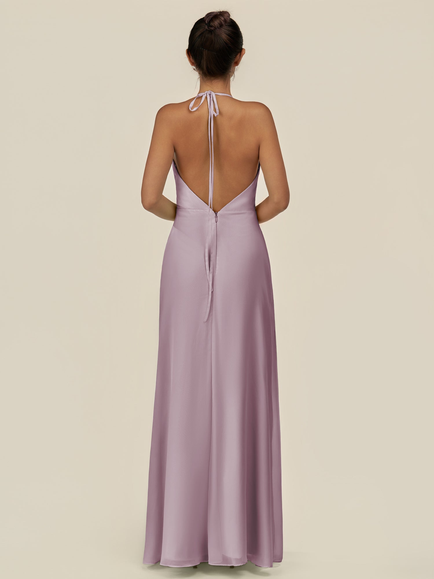 KissDress-Caris Dusk A Line Chiffon Halter Neck Pleated Long Bridesmaid Dress with Slit