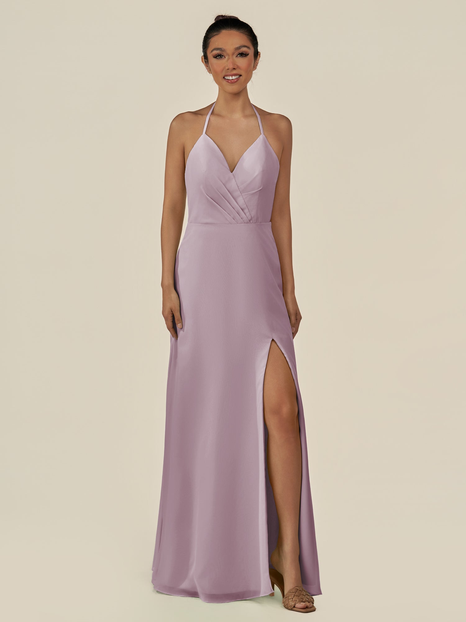 KissDress-Caris Dusk A Line Chiffon Halter Neck Pleated Long Bridesmaid Dress with Slit