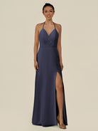 KissDress-Caris Dusk Blue A Line Chiffon Halter Neck Pleated Long Bridesmaid Dress with Slit