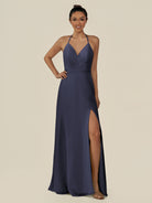 KissDress-Caris Dusk Blue A Line Chiffon Halter Neck Pleated Long Bridesmaid Dress with Slit