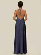 KissDress-Caris Dusk Blue A Line Chiffon Halter Neck Pleated Long Bridesmaid Dress with Slit