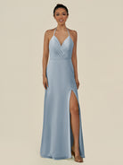 KissDress-Caris Dusty Blue A Line Chiffon Halter Neck Pleated Long Bridesmaid Dress with Slit