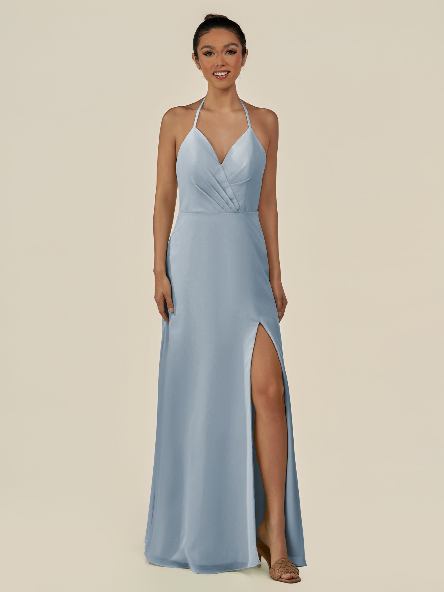 KissDress-Caris Dusty Blue A Line Chiffon Halter Neck Pleated Long Bridesmaid Dress with Slit