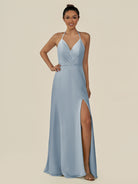 KissDress-Caris Dusty Blue A Line Chiffon Halter Neck Pleated Long Bridesmaid Dress with Slit