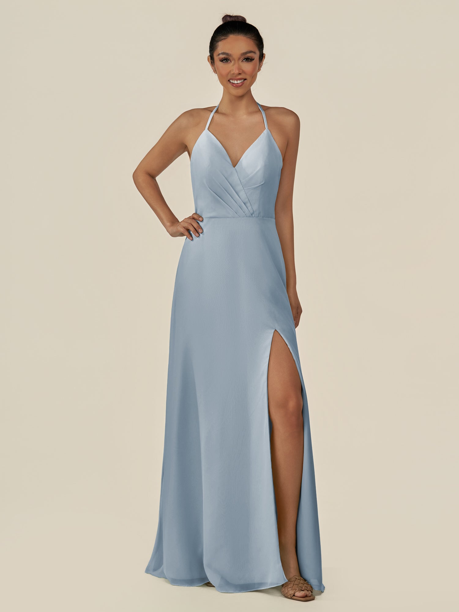KissDress-Caris Dusty Blue A Line Chiffon Halter Neck Pleated Long Bridesmaid Dress with Slit