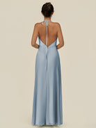 KissDress-Caris Dusty Blue A Line Chiffon Halter Neck Pleated Long Bridesmaid Dress with Slit