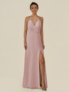 KissDress-Caris Dusty Rose A Line Chiffon Halter Neck Pleated Long Bridesmaid Dress with Slit