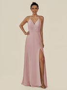 KissDress-Caris Dusty Rose A Line Chiffon Halter Neck Pleated Long Bridesmaid Dress with Slit