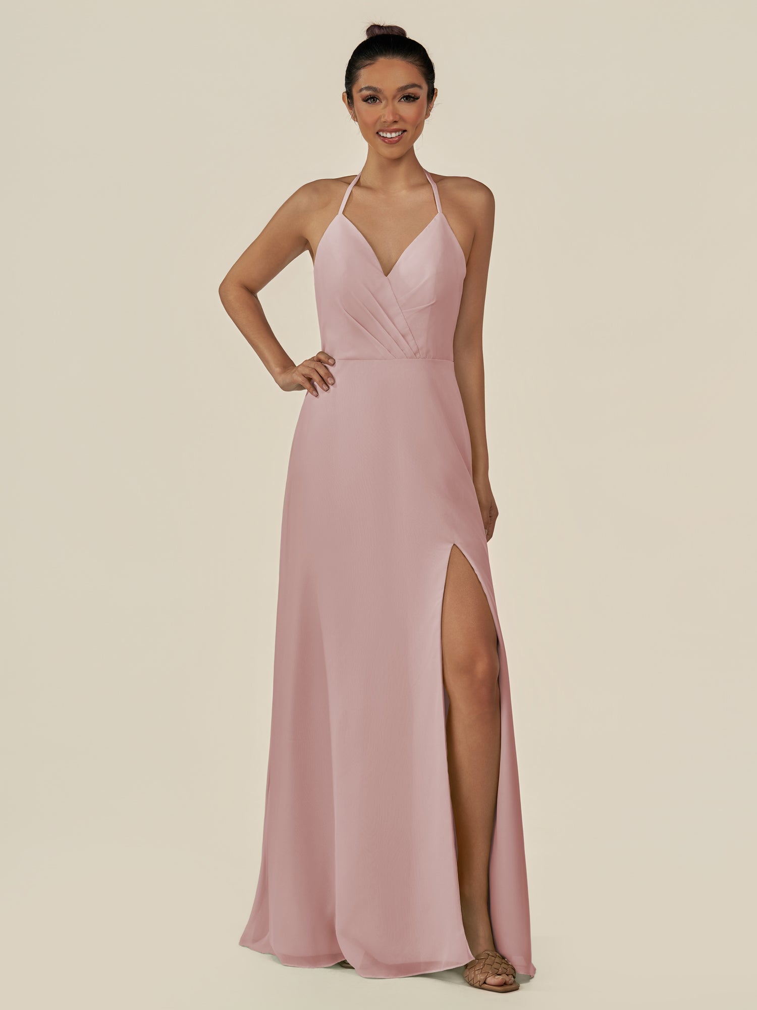 KissDress-Caris Dusty Rose A Line Chiffon Halter Neck Pleated Long Bridesmaid Dress with Slit