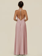 KissDress-Caris Dusty Rose A Line Chiffon Halter Neck Pleated Long Bridesmaid Dress with Slit
