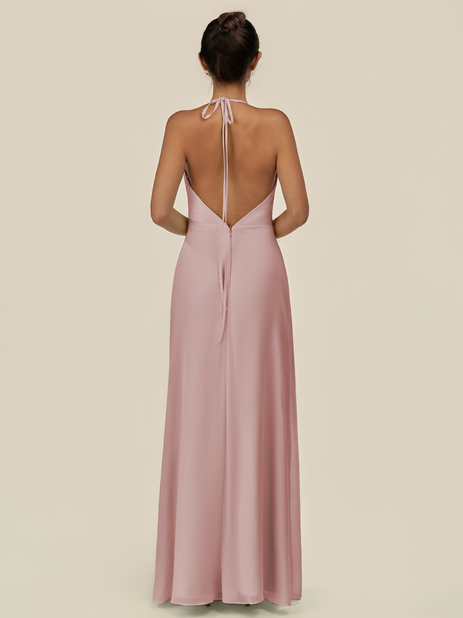 KissDress-Caris Dusty Rose A Line Chiffon Halter Neck Pleated Long Bridesmaid Dress with Slit