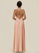 KissDress-Caris English Rose A Line Chiffon Halter Neck Pleated Long Bridesmaid Dress with Slit
