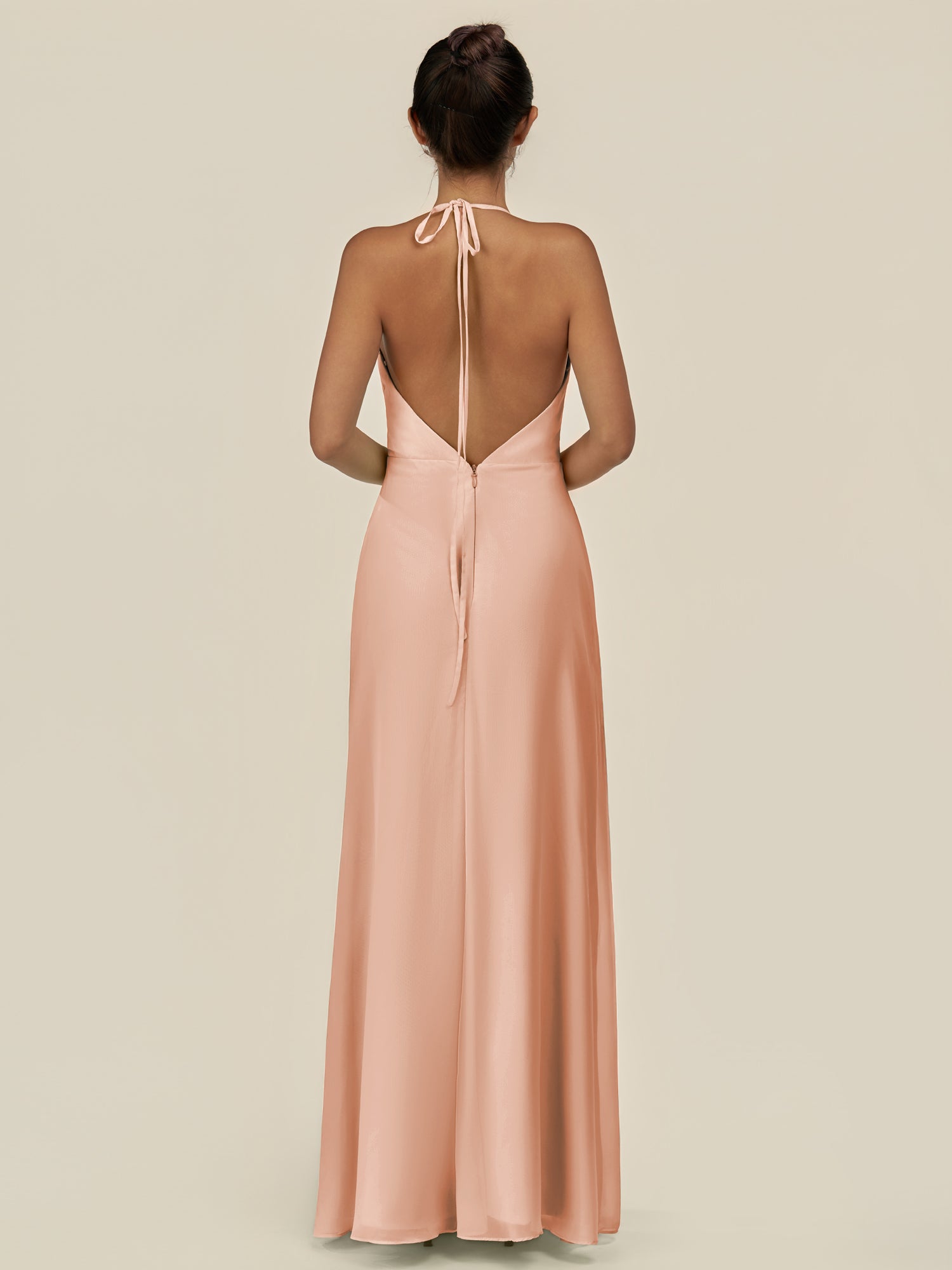 KissDress-Caris English Rose A Line Chiffon Halter Neck Pleated Long Bridesmaid Dress with Slit