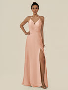 KissDress-Caris English Rose A Line Chiffon Halter Neck Pleated Long Bridesmaid Dress with Slit