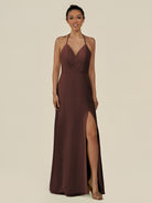 KissDress-Caris Espresso A Line Chiffon Halter Neck Pleated Long Bridesmaid Dress with Slit