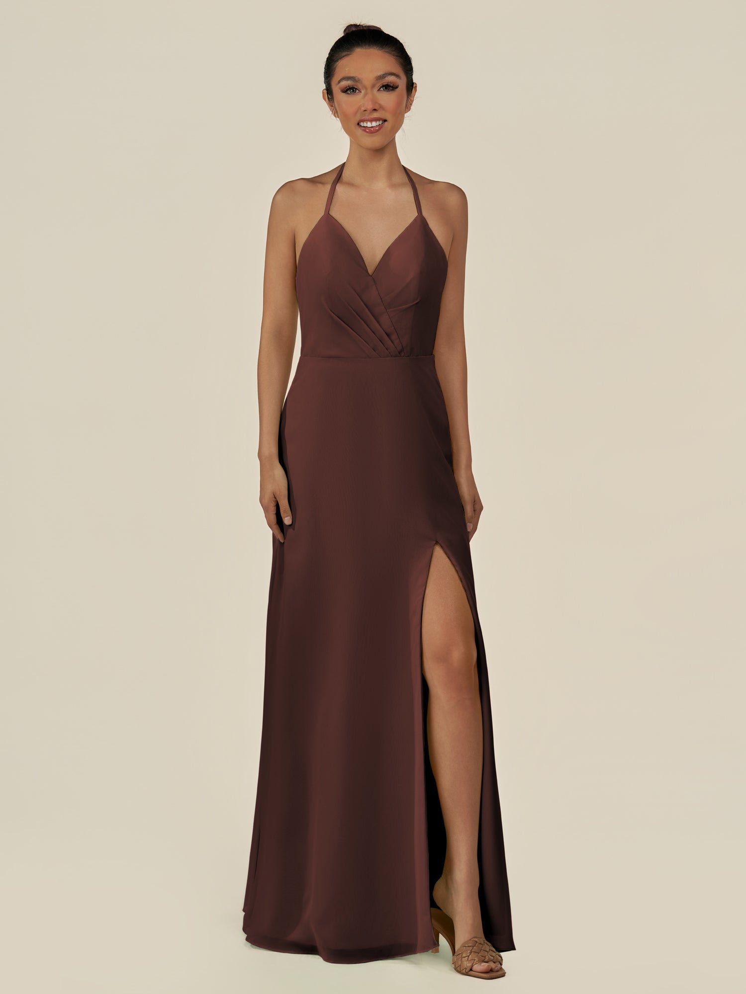 KissDress-Caris Espresso A Line Chiffon Halter Neck Pleated Long Bridesmaid Dress with Slit