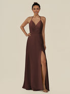KissDress-Caris Espresso A Line Chiffon Halter Neck Pleated Long Bridesmaid Dress with Slit