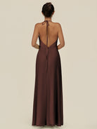 KissDress-Caris Espresso A Line Chiffon Halter Neck Pleated Long Bridesmaid Dress with Slit