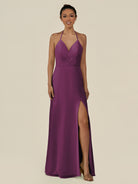 KissDress-Caris Fig A Line Chiffon Halter Neck Pleated Long Bridesmaid Dress with Slit