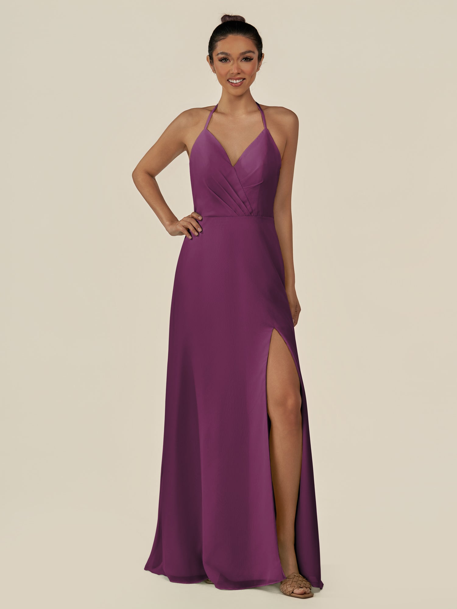 KissDress-Caris Fig A Line Chiffon Halter Neck Pleated Long Bridesmaid Dress with Slit