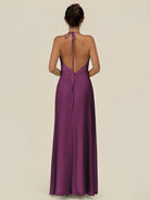 KissDress-Caris Fig A Line Chiffon Halter Neck Pleated Long Bridesmaid Dress with Slit