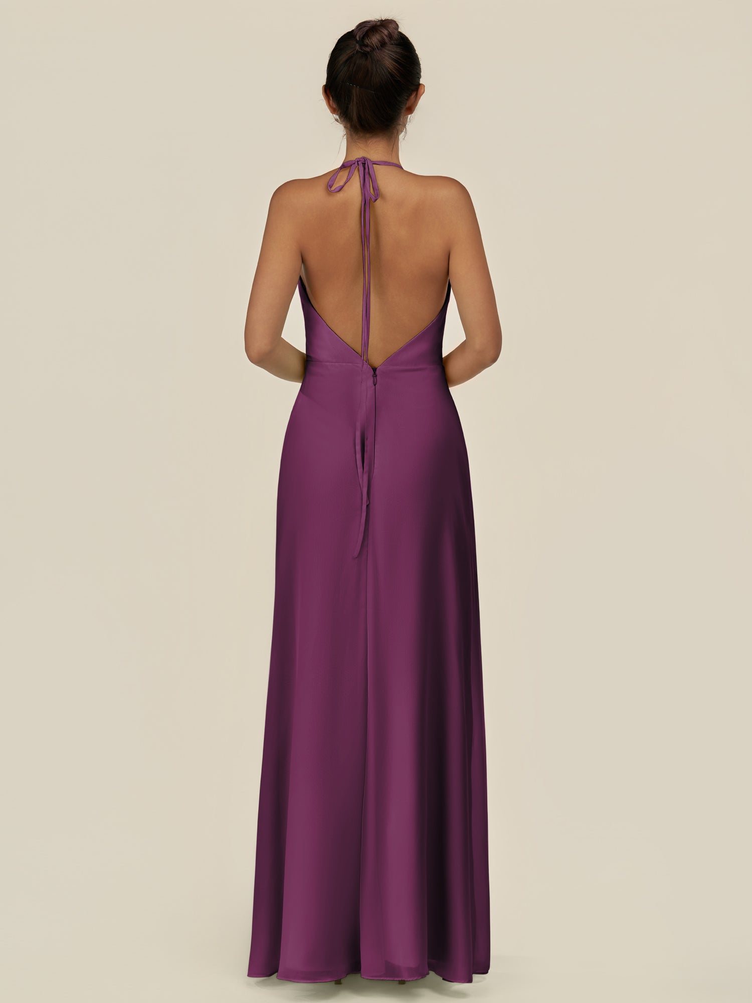 KissDress-Caris Fig A Line Chiffon Halter Neck Pleated Long Bridesmaid Dress with Slit