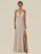 KissDress-Caris Frost A Line Chiffon Halter Neck Pleated Long Bridesmaid Dress with Slit