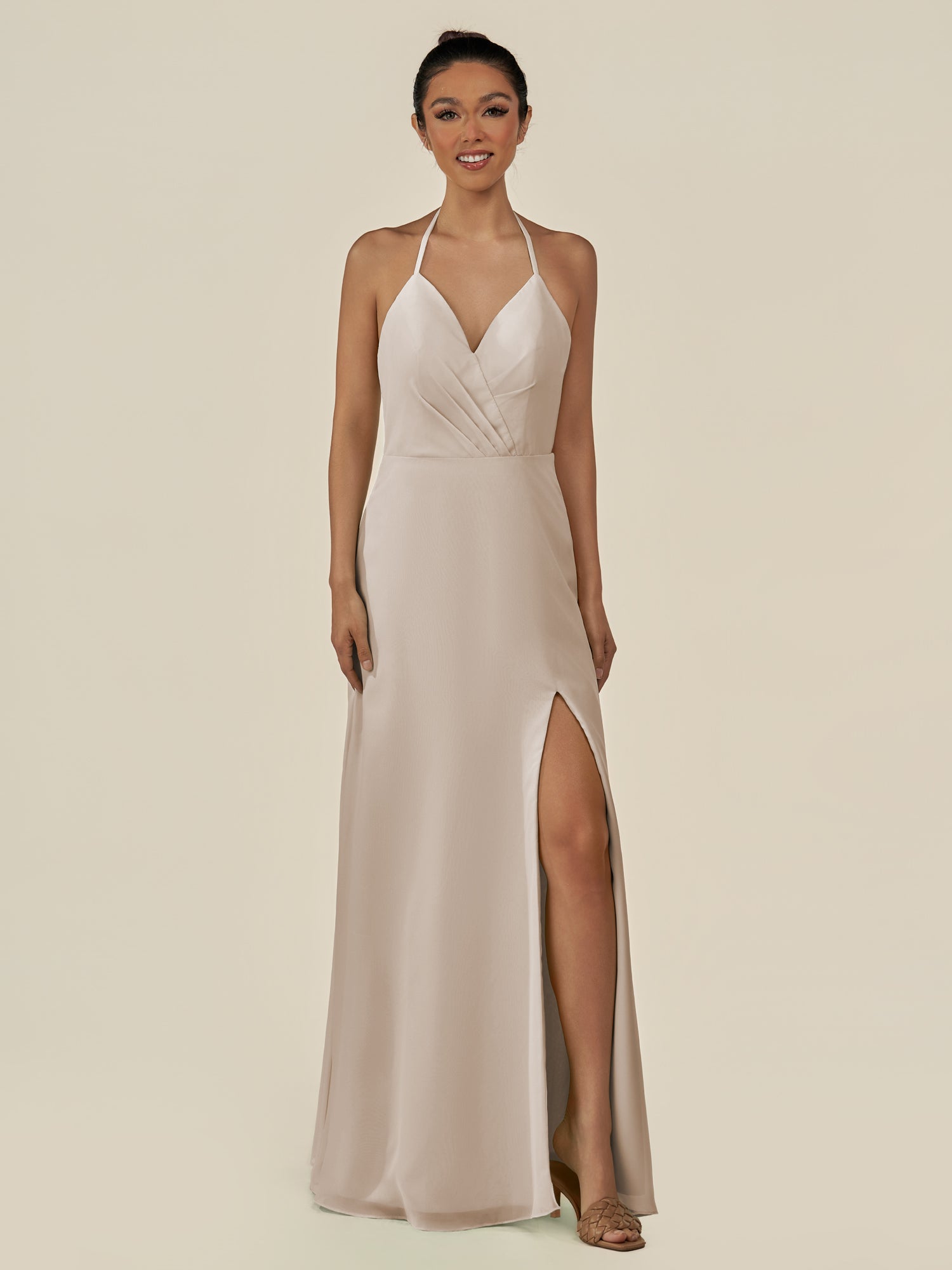 KissDress-Caris Frost A Line Chiffon Halter Neck Pleated Long Bridesmaid Dress with Slit