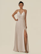 KissDress-Caris Frost A Line Chiffon Halter Neck Pleated Long Bridesmaid Dress with Slit
