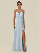 KissDress-Caris Ice A Line Chiffon Halter Neck Pleated Long Bridesmaid Dress with Slit