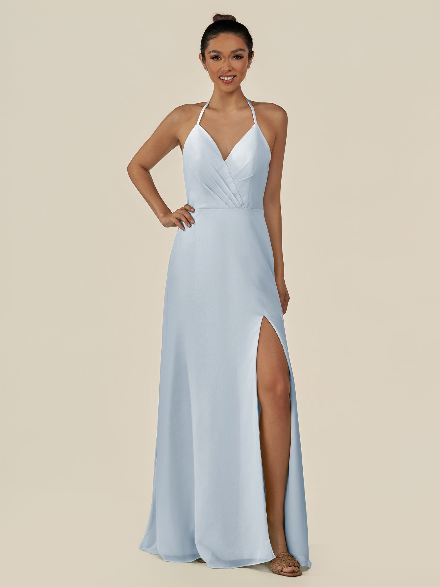 KissDress-Caris Ice A Line Chiffon Halter Neck Pleated Long Bridesmaid Dress with Slit