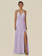 KissDress-Caris Lavender A Line Chiffon Halter Neck Pleated Long Bridesmaid Dress with Slit