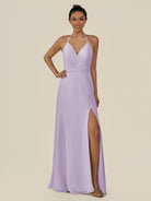 KissDress-Caris Lavender A Line Chiffon Halter Neck Pleated Long Bridesmaid Dress with Slit