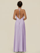 KissDress-Caris Lavender A Line Chiffon Halter Neck Pleated Long Bridesmaid Dress with Slit