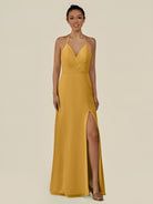 KissDress-Caris Marigold A Line Chiffon Halter Neck Pleated Long Bridesmaid Dress with Slit