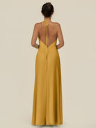 KissDress-Caris Marigold A Line Chiffon Halter Neck Pleated Long Bridesmaid Dress with Slit