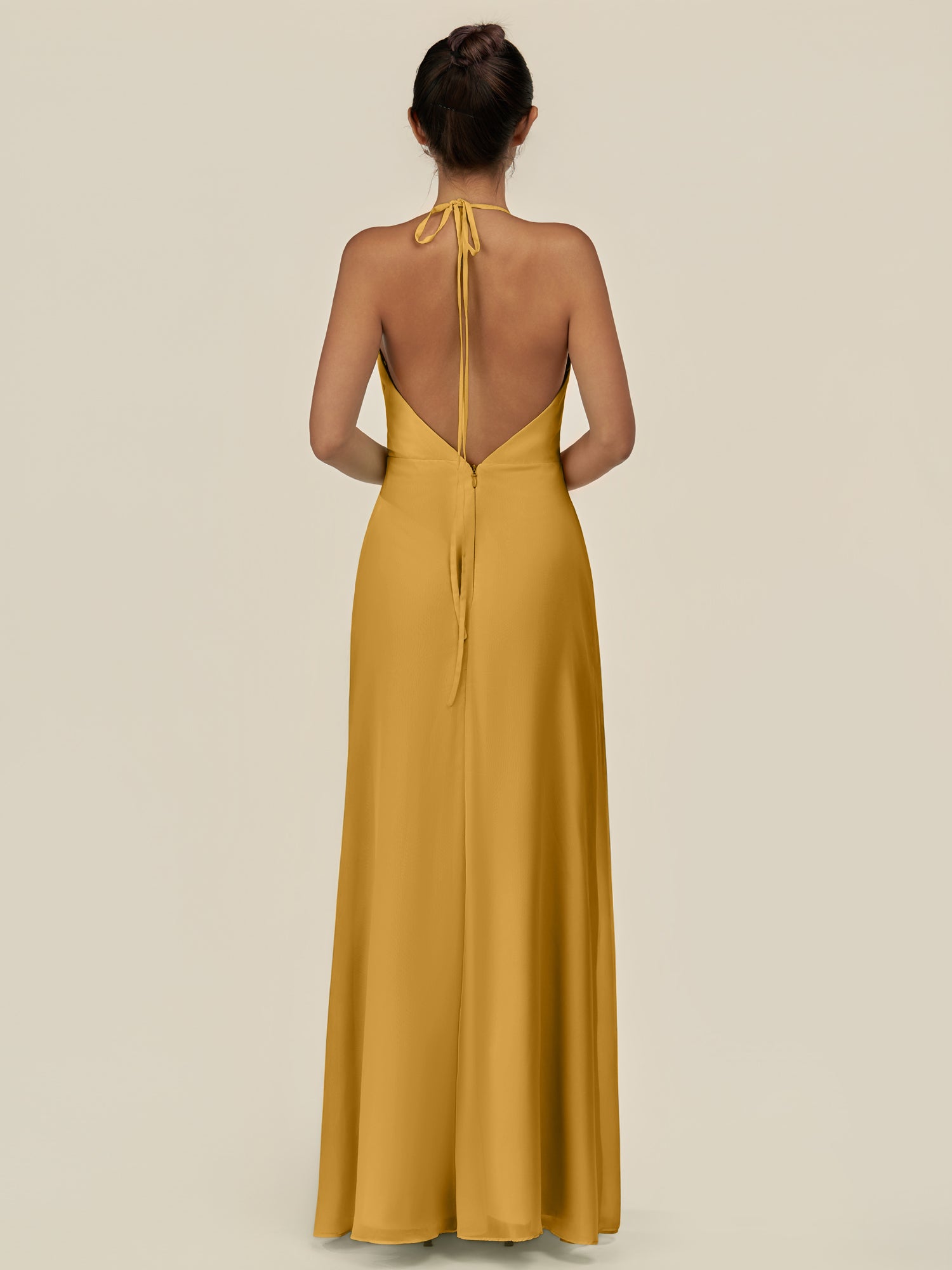 KissDress-Caris Marigold A Line Chiffon Halter Neck Pleated Long Bridesmaid Dress with Slit