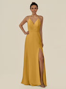 KissDress-Caris Marigold A Line Chiffon Halter Neck Pleated Long Bridesmaid Dress with Slit