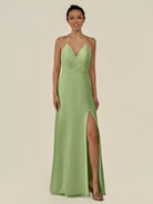KissDress-Caris Matcha A Line Chiffon Halter Neck Pleated Long Bridesmaid Dress with Slit