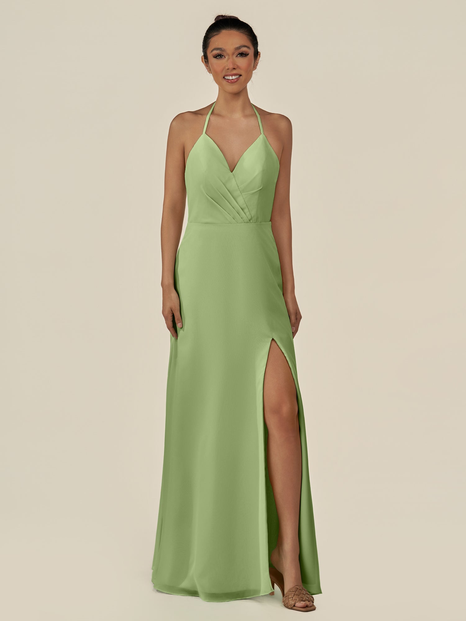KissDress-Caris Matcha A Line Chiffon Halter Neck Pleated Long Bridesmaid Dress with Slit