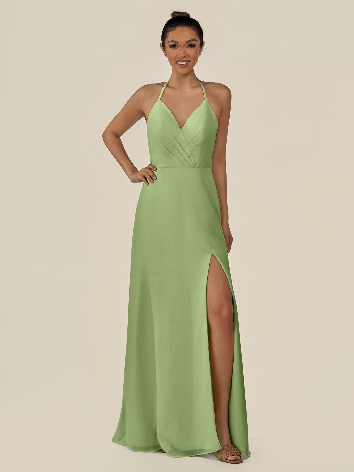 KissDress-Caris Matcha A Line Chiffon Halter Neck Pleated Long Bridesmaid Dress with Slit