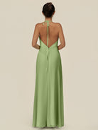 KissDress-Caris Matcha A Line Chiffon Halter Neck Pleated Long Bridesmaid Dress with Slit